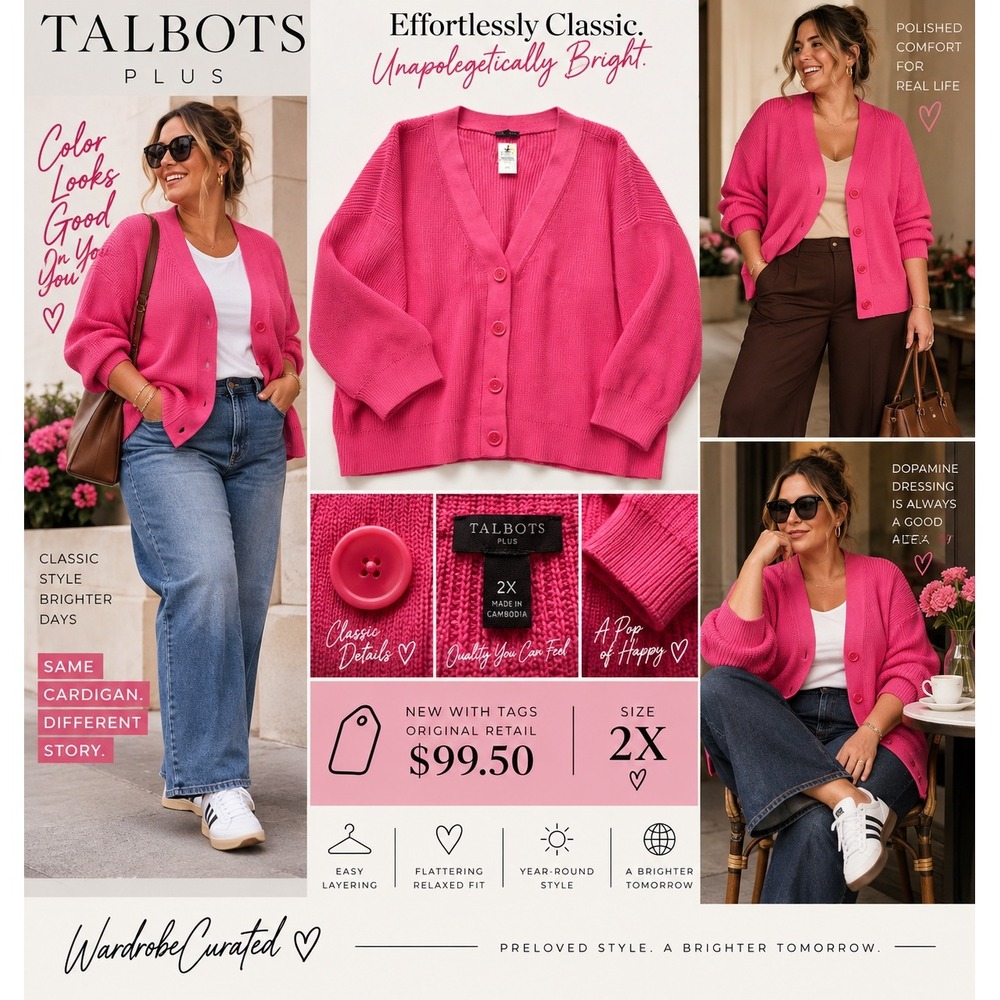 Talbots Plus 2X Cardigan Sweater NWT Hot Pink Fuchsia Chunky Ribbed Barbiecore